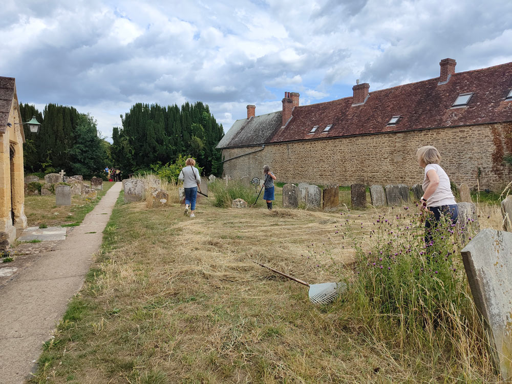 raking the churchyard